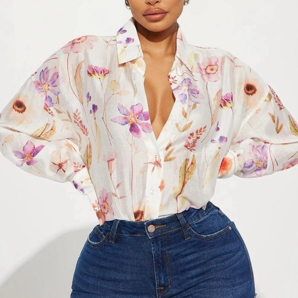 FASHION NOVA LINEN BLEND FLORAL BUTTON UP BLOUSE